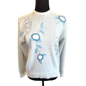 Vintage 80s Andrea Gayle M Light Blue Silk Sweater Floral Embroidery Openwork